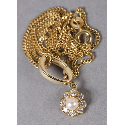 347 - A CULTURED PEARL AND DIAMOND CLUSTER PENDANT in 18ct gold, the 4mm pearl raised against a surround o... 