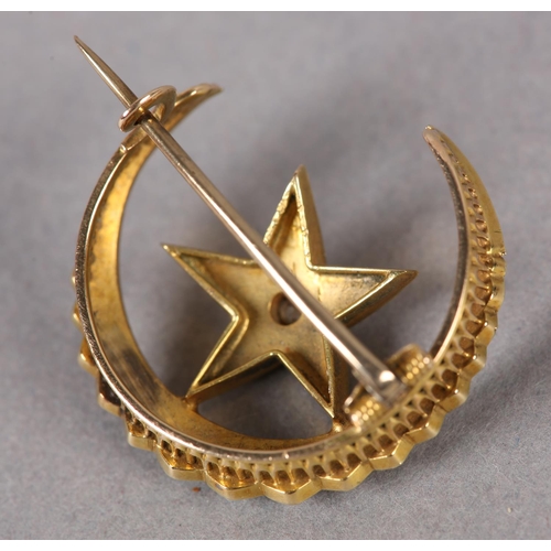 357 - A VICTORIAN SEED PEARL AND DIAMOND CRESCENT AND STAR BROOCH in 15ct gold, all over set with graduate... 