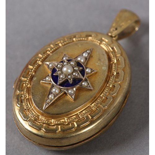 359 - A VICTORIAN ENAMEL AND SEED PEARL LOCKET in 9ct gold, star set front and centre with graduated pearl... 