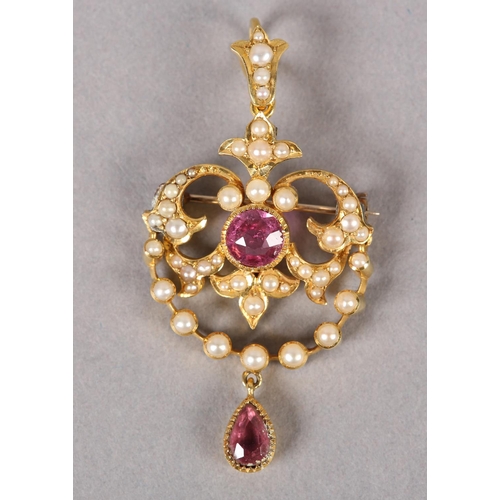 370 - A VICTORIAN PINK TOPAZ AND SEED PEARL PENDANT in 15ct gold, collet set to the centre with a circular... 