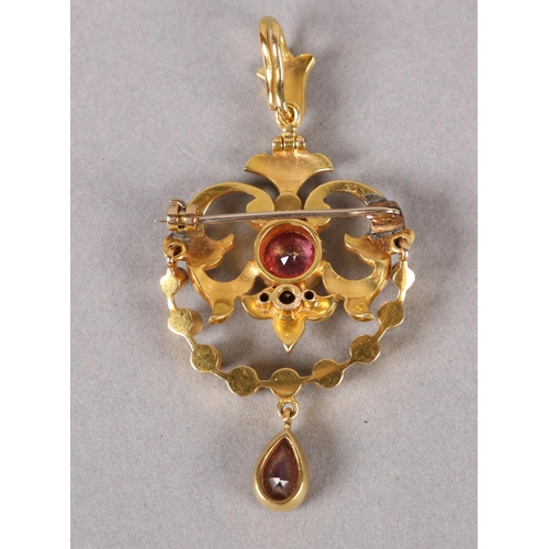 370 - A VICTORIAN PINK TOPAZ AND SEED PEARL PENDANT in 15ct gold, collet set to the centre with a circular... 