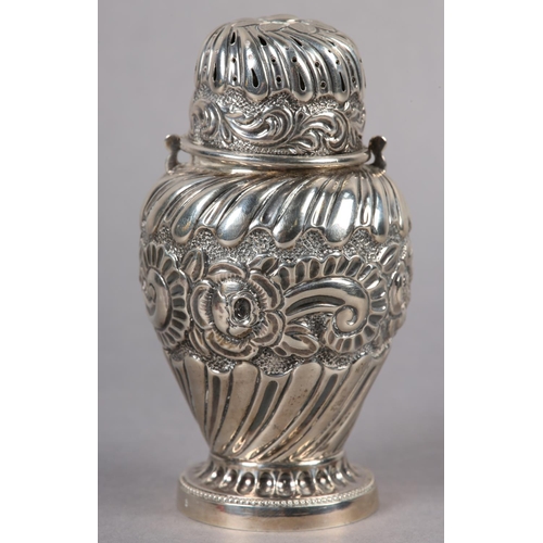 324 - A VICTORIAN SILVER MUFFINEER , London 1892 for Samuel Jacob, wrythen chased with foliate band over w... 