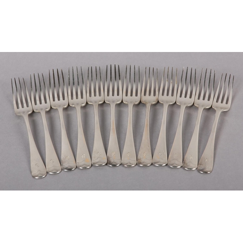 308 - A SET OF TWELVE GEORGE III SILVER DINNER FORKS BY PAUL STORR, London 1815-1816, Honoverian pattern, ... 