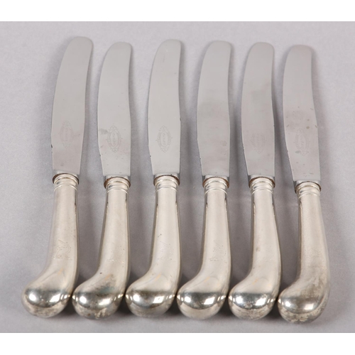 309 - A SET OF SIX VICTORIAN SILVER PISTOL HANDLED DINNER KNIVES, London 1878 for Chawner & Co with Sheffi... 