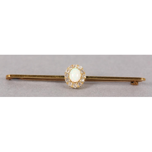 361 - AN EDWARD VII OPAL AND DIAMOND CLUSTER BAR BROOCH in 15ct gold, the oval cabochon opal within a surr... 