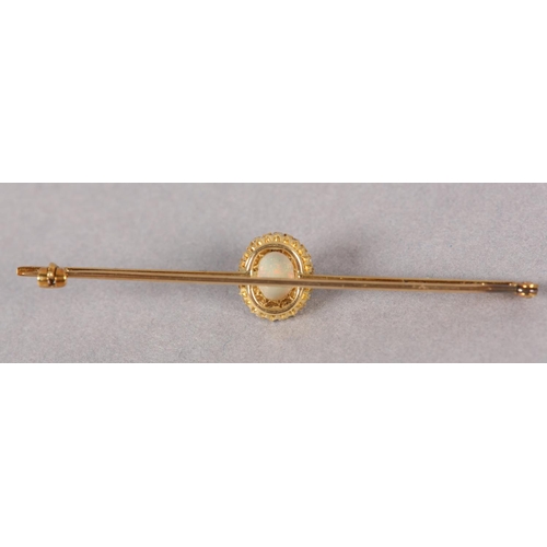 361 - AN EDWARD VII OPAL AND DIAMOND CLUSTER BAR BROOCH in 15ct gold, the oval cabochon opal within a surr... 