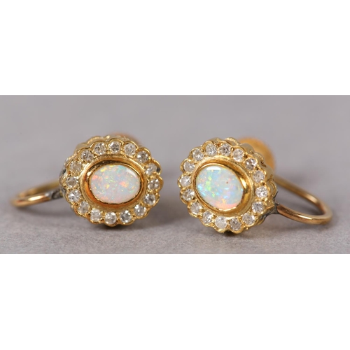 362 - A PAIR OF OPAL AND DIAMOND CLUSTER EARRINGS, each collet set to the centre with an oval cabochon opa... 