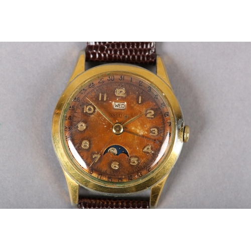 405 - ANGELUS GENTLEMAN'S MOONPHASE, DAY, DATE MANUAL WRISTWATCH, c1950 in rolled gold case with stainless... 