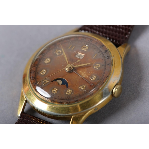 405 - ANGELUS GENTLEMAN'S MOONPHASE, DAY, DATE MANUAL WRISTWATCH, c1950 in rolled gold case with stainless... 