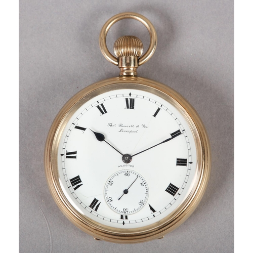 408 - A GEORGE V POCKET WATCH BY THOMAS RUSSELL & SON LIVERPOOL in 9ct gold open face case No 9795, Swiss ... 