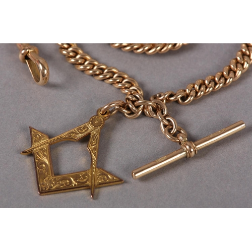 382 - A GEORGE V DOUBLE ALBERT WATCH CHAIN in 9ct gold, Birmingham 1919, graduated curb links with T bar a... 