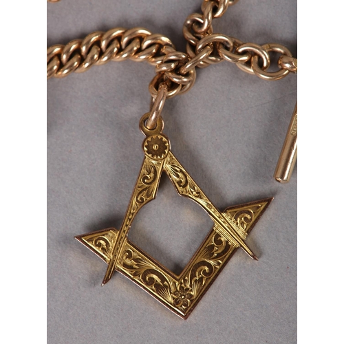 382 - A GEORGE V DOUBLE ALBERT WATCH CHAIN in 9ct gold, Birmingham 1919, graduated curb links with T bar a... 