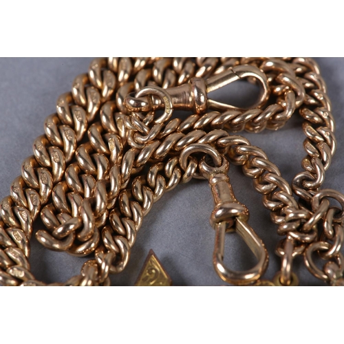 382 - A GEORGE V DOUBLE ALBERT WATCH CHAIN in 9ct gold, Birmingham 1919, graduated curb links with T bar a... 