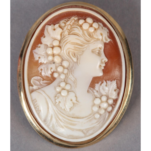 374 - A SHELL CAMEO BROOCH in 9ct gold, the oval female portrait with vine dressed hair, collet set, with ... 