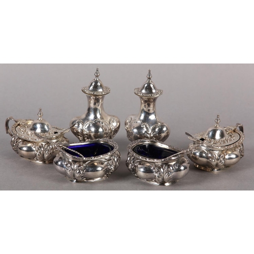 340 - AN EDWARD VII SILVER SIX PIECE COMPOSITE CRUET SET Chester 1903/ 1904 for Colen Hewer Cheshire, balu... 