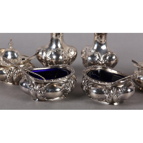 340 - AN EDWARD VII SILVER SIX PIECE COMPOSITE CRUET SET Chester 1903/ 1904 for Colen Hewer Cheshire, balu... 