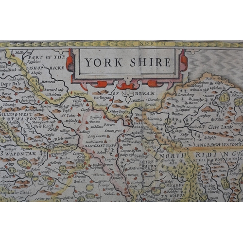 204 - JOHN SPEEDE (1552-1629) YORKSHIRE circa 1610 double page, engraved and hand-tinted with coat of arms... 