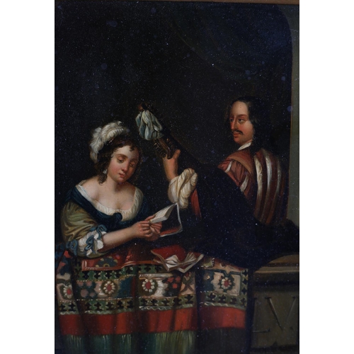 419 - EUROPEAN SCHOOL (19th century), a young musician serenading a young woman reading a book at an open ... 