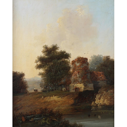 415 - ENGLISH SCHOOL (18th century), River landscape with figure in a cart, oil on board, indistinctly sig... 