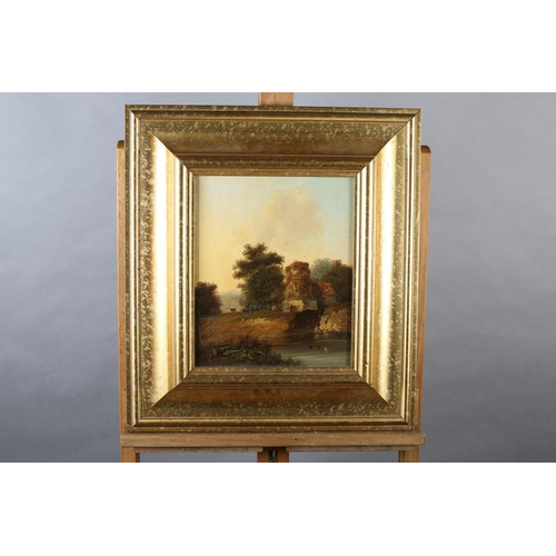 415 - ENGLISH SCHOOL (18th century), River landscape with figure in a cart, oil on board, indistinctly sig... 