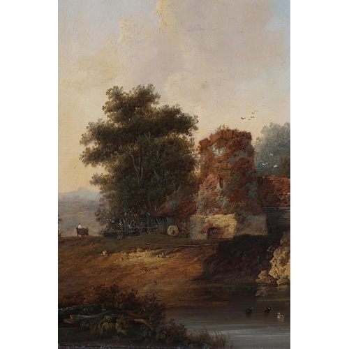 415 - ENGLISH SCHOOL (18th century), River landscape with figure in a cart, oil on board, indistinctly sig... 