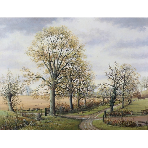 422 - ARR STANLEY G ANDERSON (20th Century), Fairstead, Essex, tree lined lane, hayricks and cart, oil on ... 