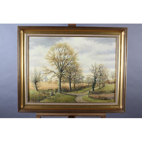 422 - ARR STANLEY G ANDERSON (20th Century), Fairstead, Essex, tree lined lane, hayricks and cart, oil on ... 