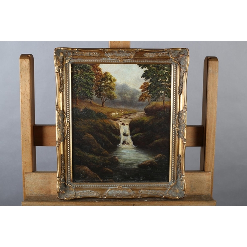 420 - P WARD (Late 19th/early 20th century), River landscape with waterfall and sheep grazing along the ri... 