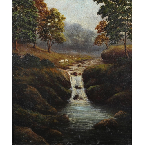 420 - P WARD (Late 19th/early 20th century), River landscape with waterfall and sheep grazing along the ri... 