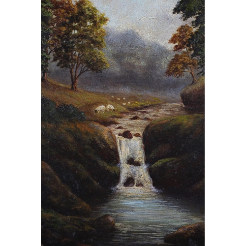 420 - P WARD (Late 19th/early 20th century), River landscape with waterfall and sheep grazing along the ri... 