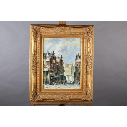 421 - LEON DURANT (20th/21st century), Dutch winter street scene with figures, oil on board, signed to low... 