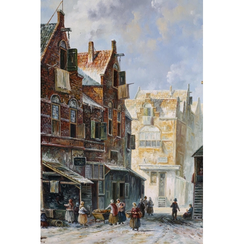 421 - LEON DURANT (20th/21st century), Dutch winter street scene with figures, oil on board, signed to low... 