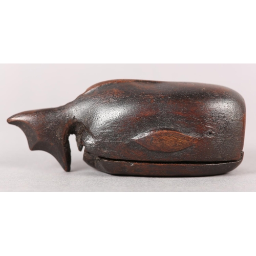 205 - A MID 19TH CENTURY TREEN SNUFF BOX CARVED AS A WHALE, with sliding lid to underside incised 'R.H 185... 