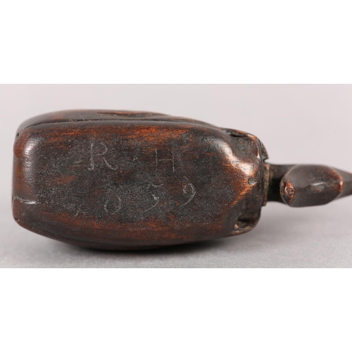 205 - A MID 19TH CENTURY TREEN SNUFF BOX CARVED AS A WHALE, with sliding lid to underside incised 'R.H 185... 