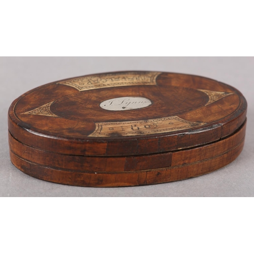 206 - AN EARLY 19TH CENTURY WALNUT, BIRDS EYE MAPLE AND ROSEWOOD BANDED SNUFF BOX, oval, the cover inset w... 