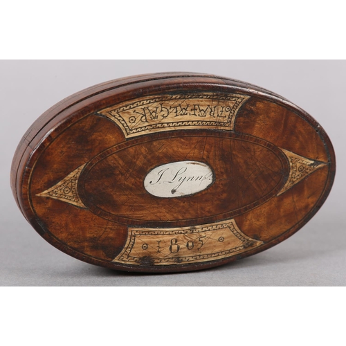 206 - AN EARLY 19TH CENTURY WALNUT, BIRDS EYE MAPLE AND ROSEWOOD BANDED SNUFF BOX, oval, the cover inset w... 