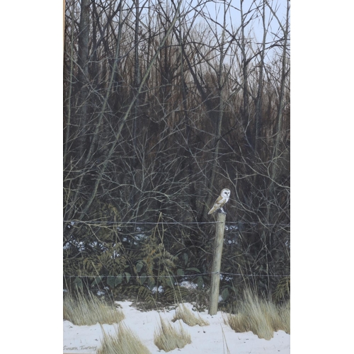 441 - ARR SIMON TURVEY (b.1957) 'barn owl' sitting on a fence post on the edge of a copse, watercolour, si... 