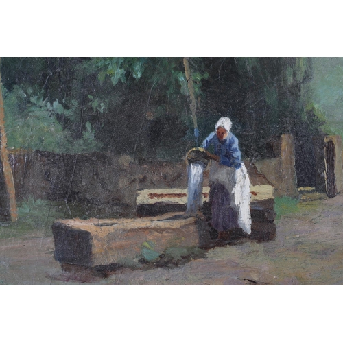 414 - HUNGARIAN SCHOOL (19th century), Figure at a Well, oil on board, unsigned, stamped verso, with Cider... 