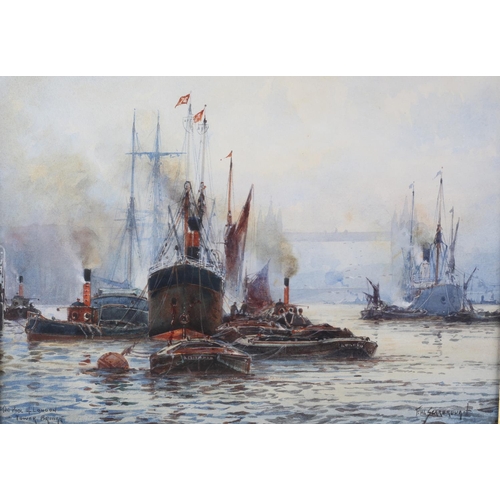 433 - FREDERICK WILLIAM SCARBOROUGH (1860-1939), Pool of London, Tower Bridge steamships and Thames barges... 