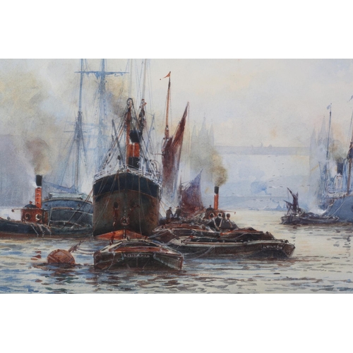 433 - FREDERICK WILLIAM SCARBOROUGH (1860-1939), Pool of London, Tower Bridge steamships and Thames barges... 