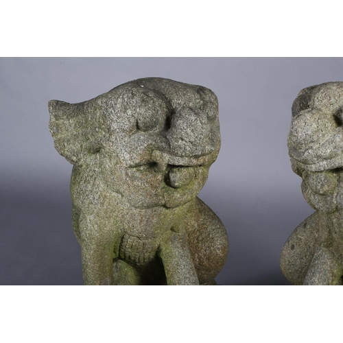 292 - A PAIR OF LATE 19TH CENTURY CARVED STONE GARDEN STATUES modelled as Dogs of Fo both holding a ball, ... 