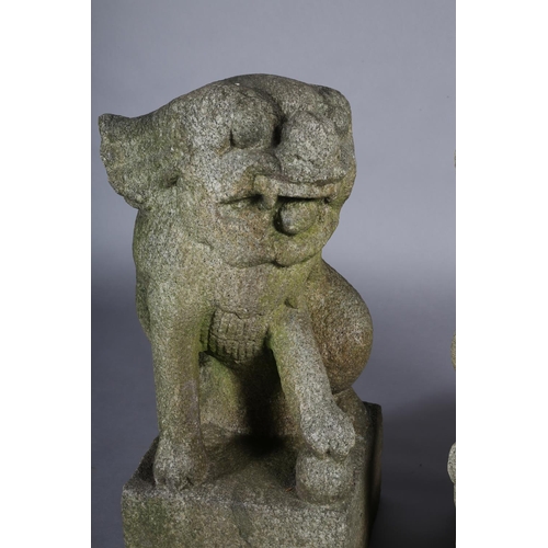 292 - A PAIR OF LATE 19TH CENTURY CARVED STONE GARDEN STATUES modelled as Dogs of Fo both holding a ball, ... 