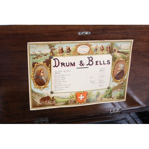 229 - A 19TH CENTURY SWISS DRUM & BELLS MUSICAL BOX, playing ten airs on four bells with butterfly head st... 