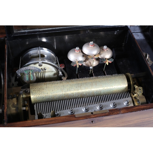 229 - A 19TH CENTURY SWISS DRUM & BELLS MUSICAL BOX, playing ten airs on four bells with butterfly head st... 