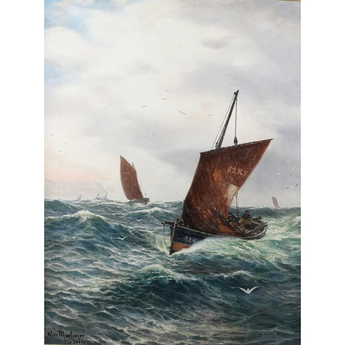 432 - ALEXANDER MORTIMER (1885-1913), Fishing boats in a heavy swell, oil on canvas, signed and dated 1904... 