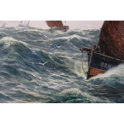 432 - ALEXANDER MORTIMER (1885-1913), Fishing boats in a heavy swell, oil on canvas, signed and dated 1904... 