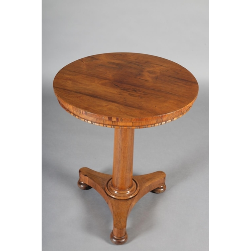 482 - A LATE REGENCY ROSEWOOD PEDESTAL TABLE, circular, on a tapered column and tripartite platform base w... 