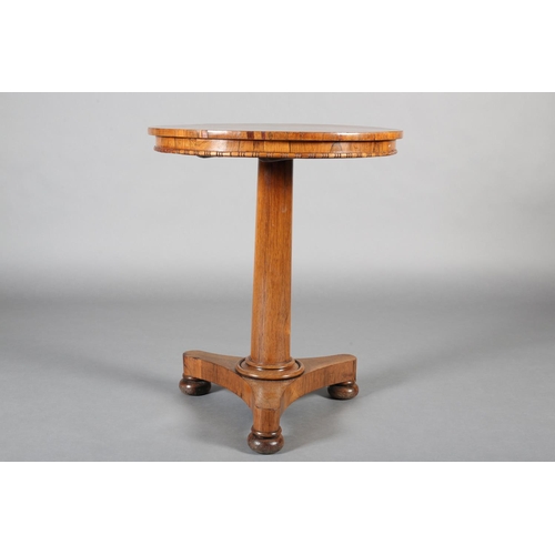 482 - A LATE REGENCY ROSEWOOD PEDESTAL TABLE, circular, on a tapered column and tripartite platform base w... 