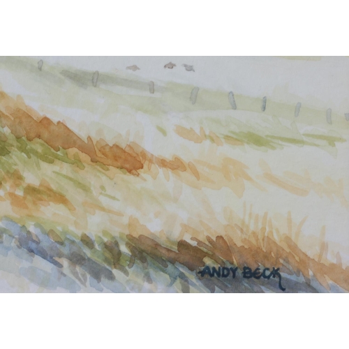 443 - ARR ANDY BECK (20th/21st Century), Covey of grey partridge, watercolour, signed to lower right, 9.5c... 