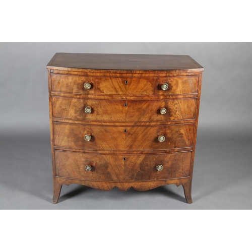 484 - AN EARLY 19TH CENTURY MAHOGANY BOW FRONTED CHEST OF FOUR GRADUATED DRAWERS, boxwood stringing, gilt ... 